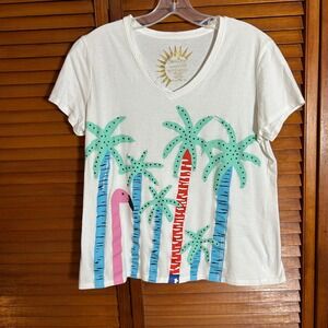 SunBay Petite Sunny Day Tech White Flamingo Palm Tree V-Neck T-Shirt PM UPF 30